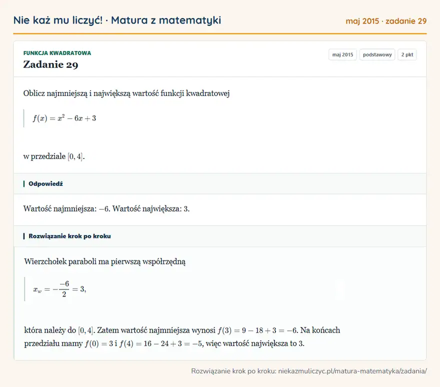Rozwiązanie zadania 29 (matura z matematyki maj 2015): Oblicz najmniejszą i największą wartość funkcji kwadratowej f(x)=x²-6x+3 w przedziale [0,4].