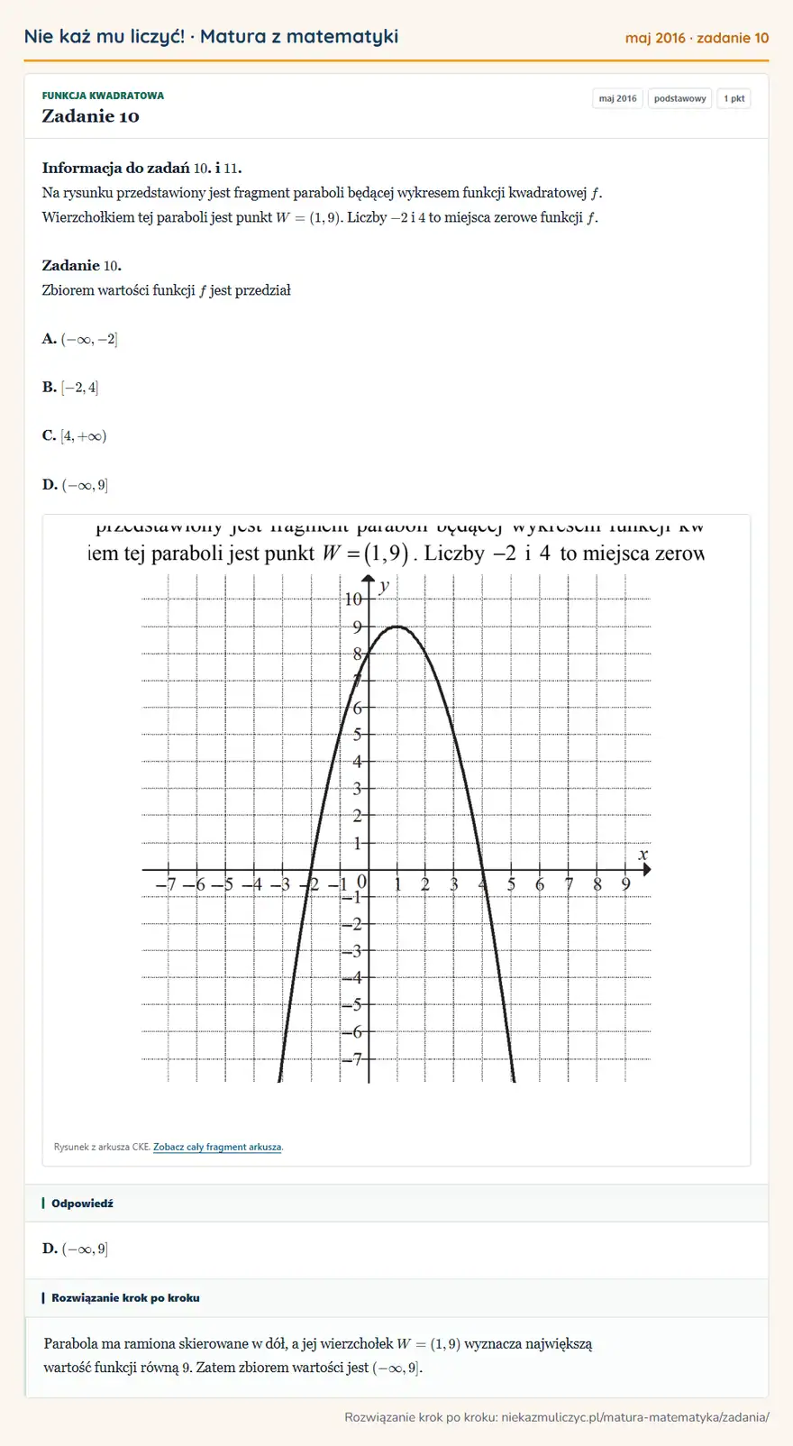 Rozwiązanie zadania 10 (matura z matematyki maj 2016): Informacja do zadań 10. i 11. Na rysunku przedstawiony jest fragment paraboli będącej wykresem funkcji…