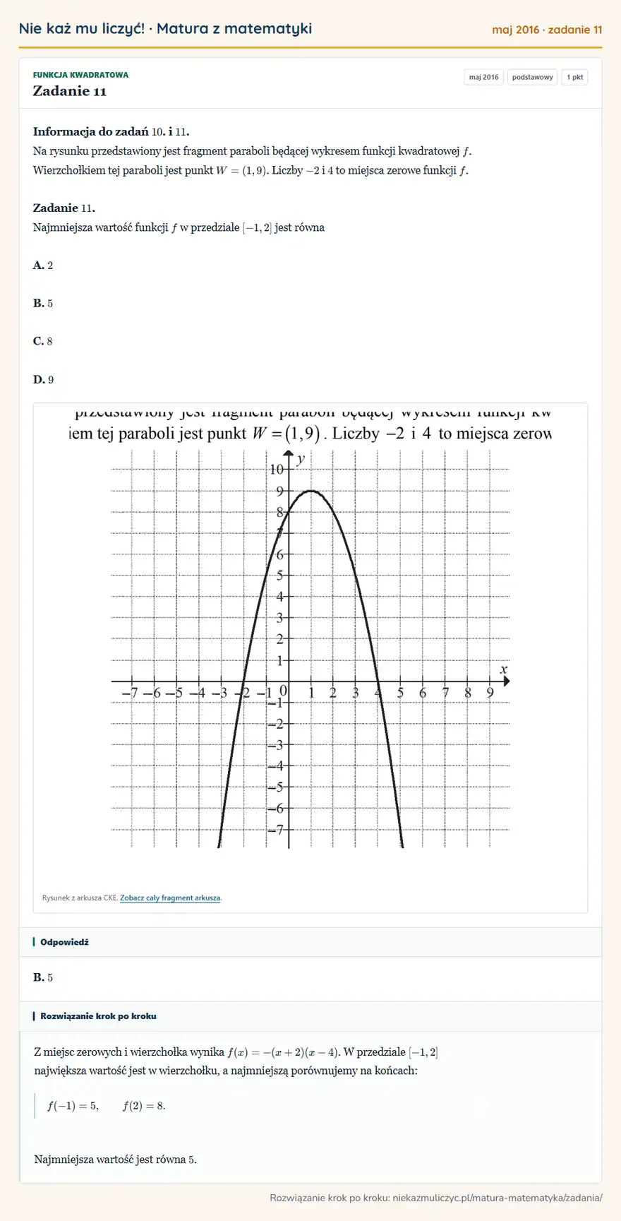 Rozwiązanie zadania 11 (matura z matematyki maj 2016): Informacja do zadań 10. i 11. Na rysunku przedstawiony jest fragment paraboli będącej wykresem funkcji…