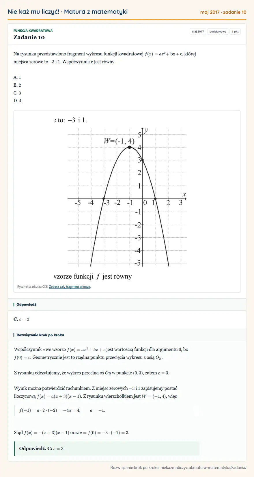 Rozwiązanie zadania 10 (matura z matematyki maj 2017): Na rysunku przedstawiono fragment wykresu funkcji kwadratowej f(x) = ax² + bx + c, której miejsca zerowe to −…