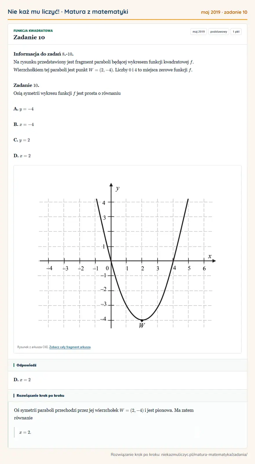 Rozwiązanie zadania 10 (matura z matematyki maj 2019): Informacja do zadań 8.- 10. Na rysunku przedstawiony jest fragment paraboli będącej wykresem funkcji…