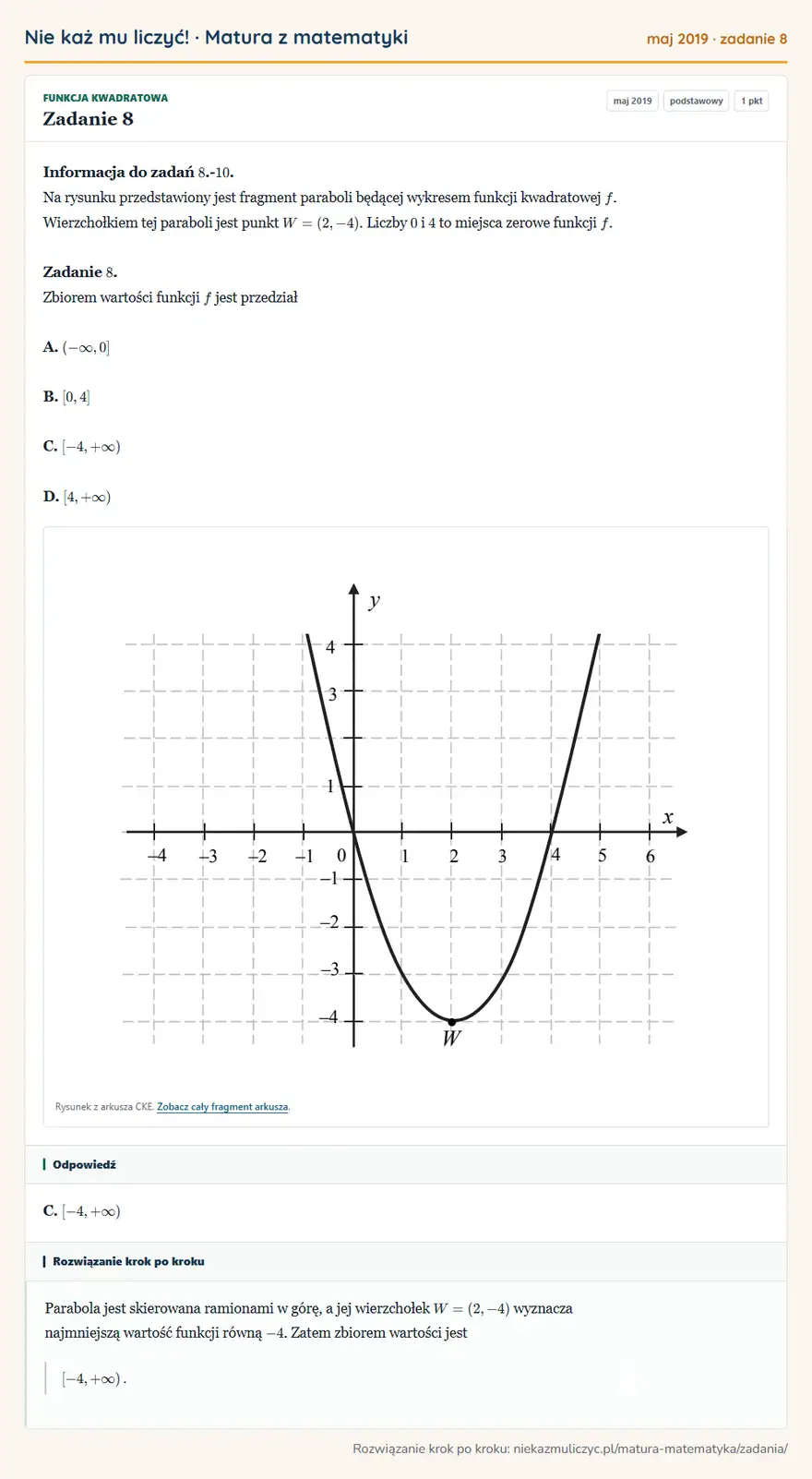 Rozwiązanie zadania 8 (matura z matematyki maj 2019): Informacja do zadań 8.- 10. Na rysunku przedstawiony jest fragment paraboli będącej wykresem funkcji…
