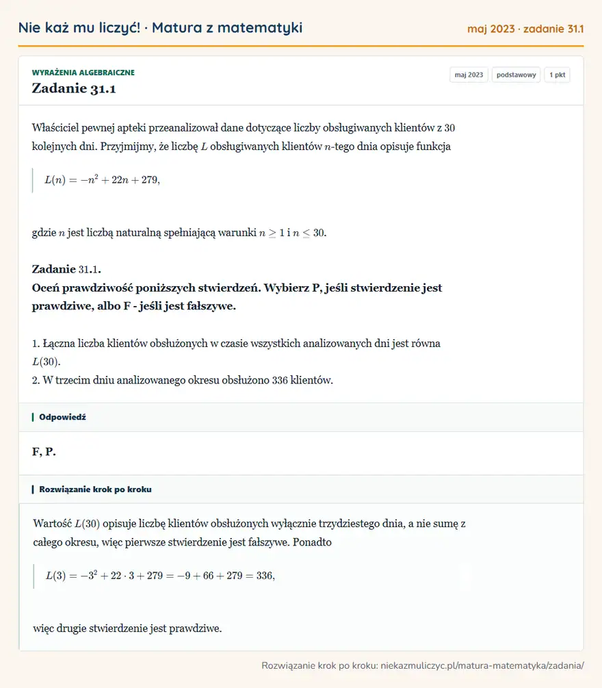 Rozwiązanie zadania 31.1 (matura z matematyki maj 2023): Właściciel pewnej apteki przeanalizował dane dotyczące liczby obsługiwanych klientów z 30 kolejnych dni…