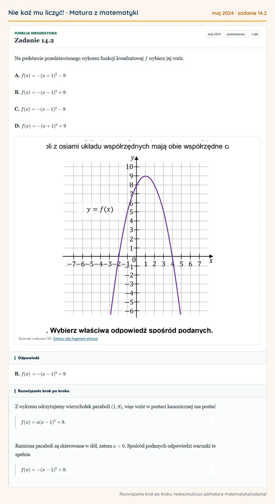 Rozwiązanie zadania 14.2 (matura z matematyki maj 2024): Na podstawie przedstawionego wykresu funkcji kwadratowej f wybierz jej wzór. A. f(x)=-(x+1)²-9 B…