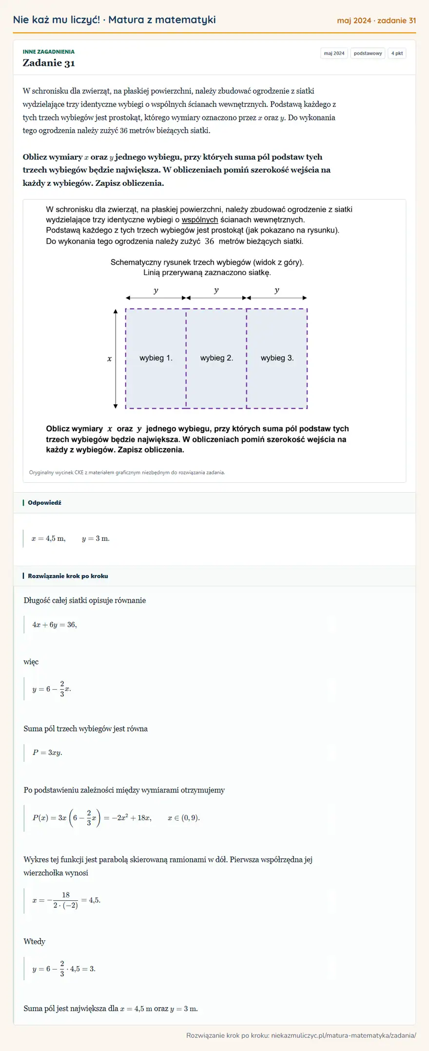 Rozwiązanie zadania 31 (matura z matematyki maj 2024): W schronisku dla zwierząt, na płaskiej powierzchni, należy zbudować ogrodzenie z siatki wydzielające trzy…