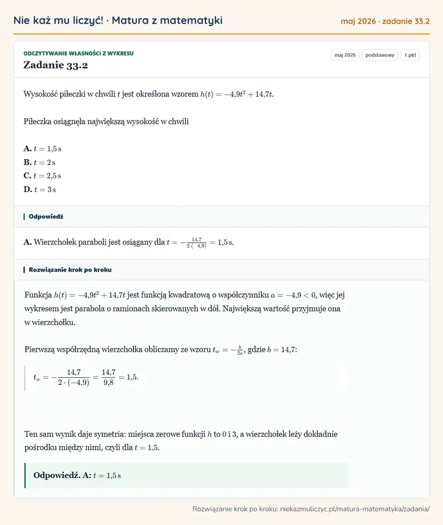 Rozwiązanie zadania 33.2 (matura z matematyki maj 2026): Wysokość piłeczki w chwili t jest określona wzorem h(t)=-4,9t²+14,7t. Piłeczka osiągnęła największą wysokość…