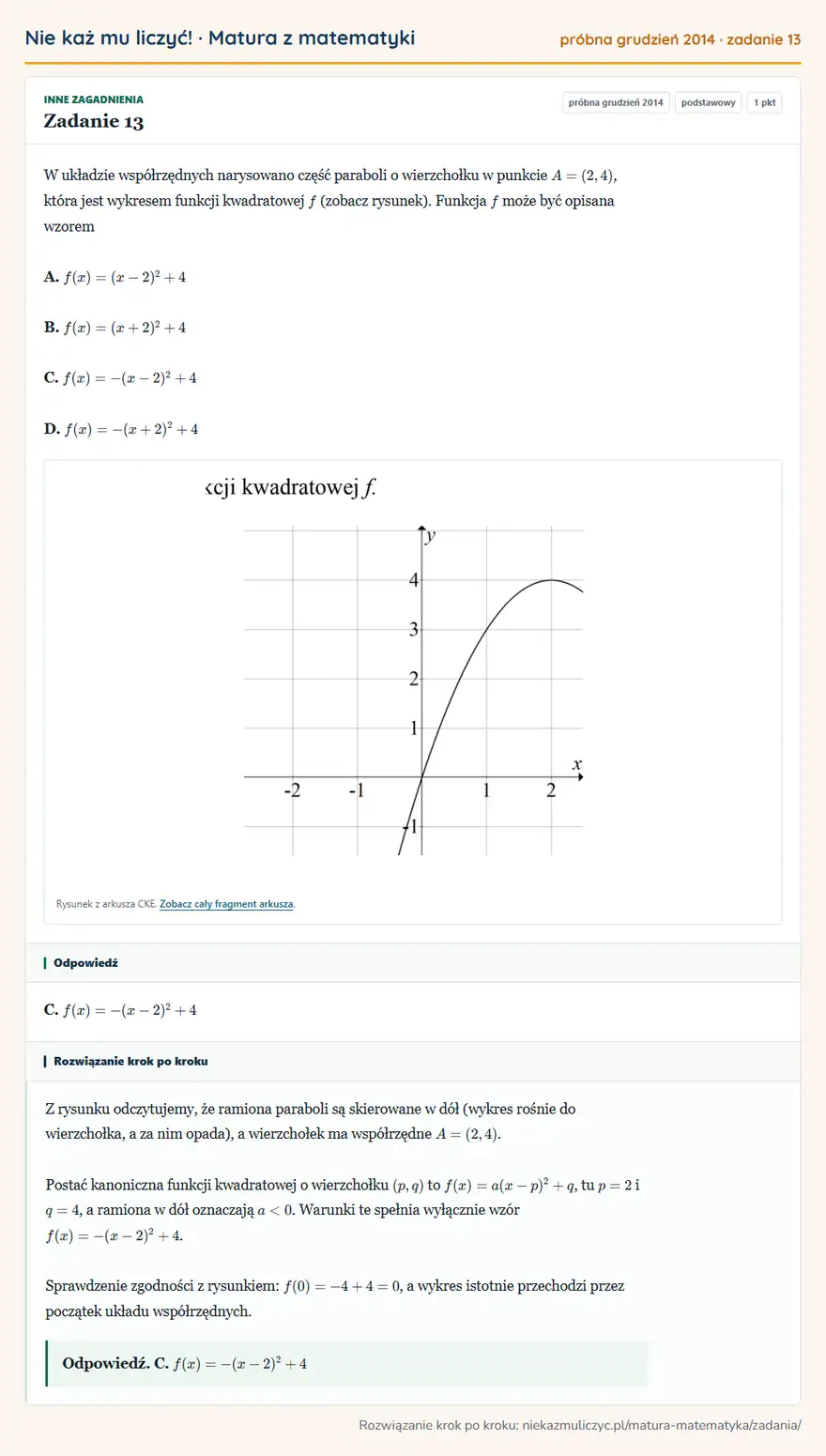 Rozwiązanie zadania 13 (matura z matematyki próbna grudzień 2014): W układzie współrzędnych narysowano część paraboli o wierzchołku w punkcie A=(2,4), która jest wykresem…