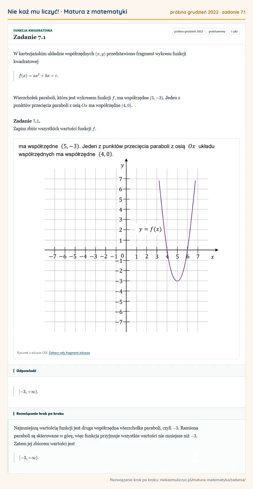 Rozwiązanie zadania 7.1 (matura z matematyki próbna grudzień 2022): W kartezjańskim układzie współrzędnych (x,y) przedstawiono fragment wykresu funkcji kwadratowej…