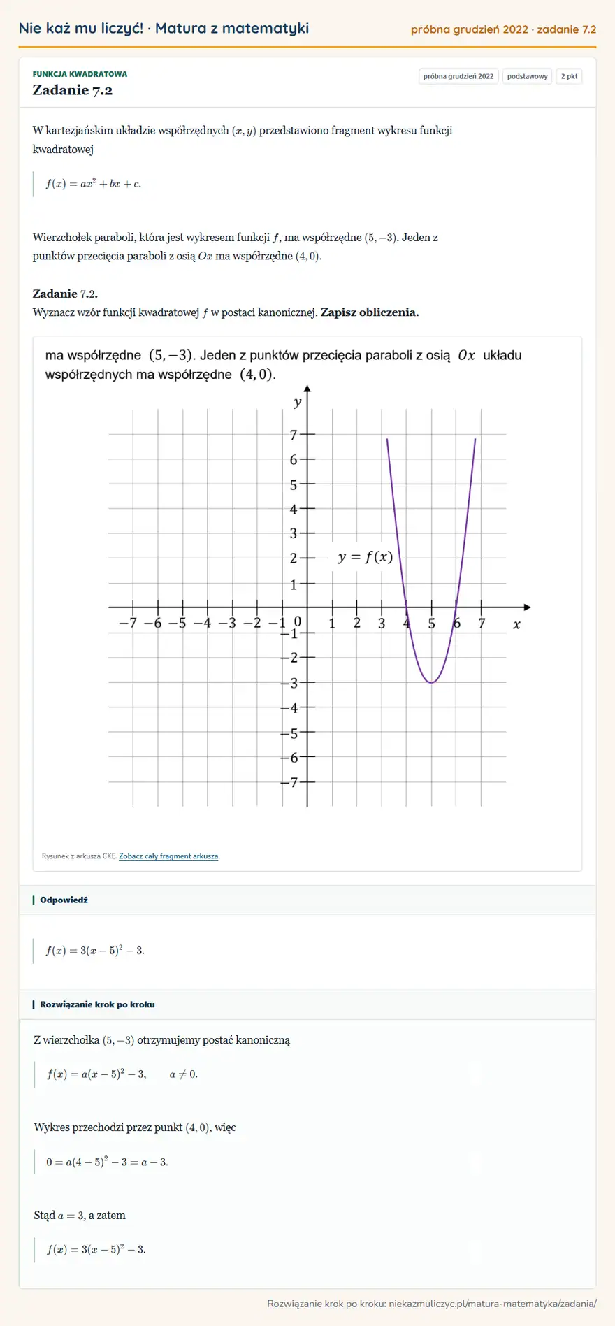 Rozwiązanie zadania 7.2 (matura z matematyki próbna grudzień 2022): W kartezjańskim układzie współrzędnych (x,y) przedstawiono fragment wykresu funkcji kwadratowej…