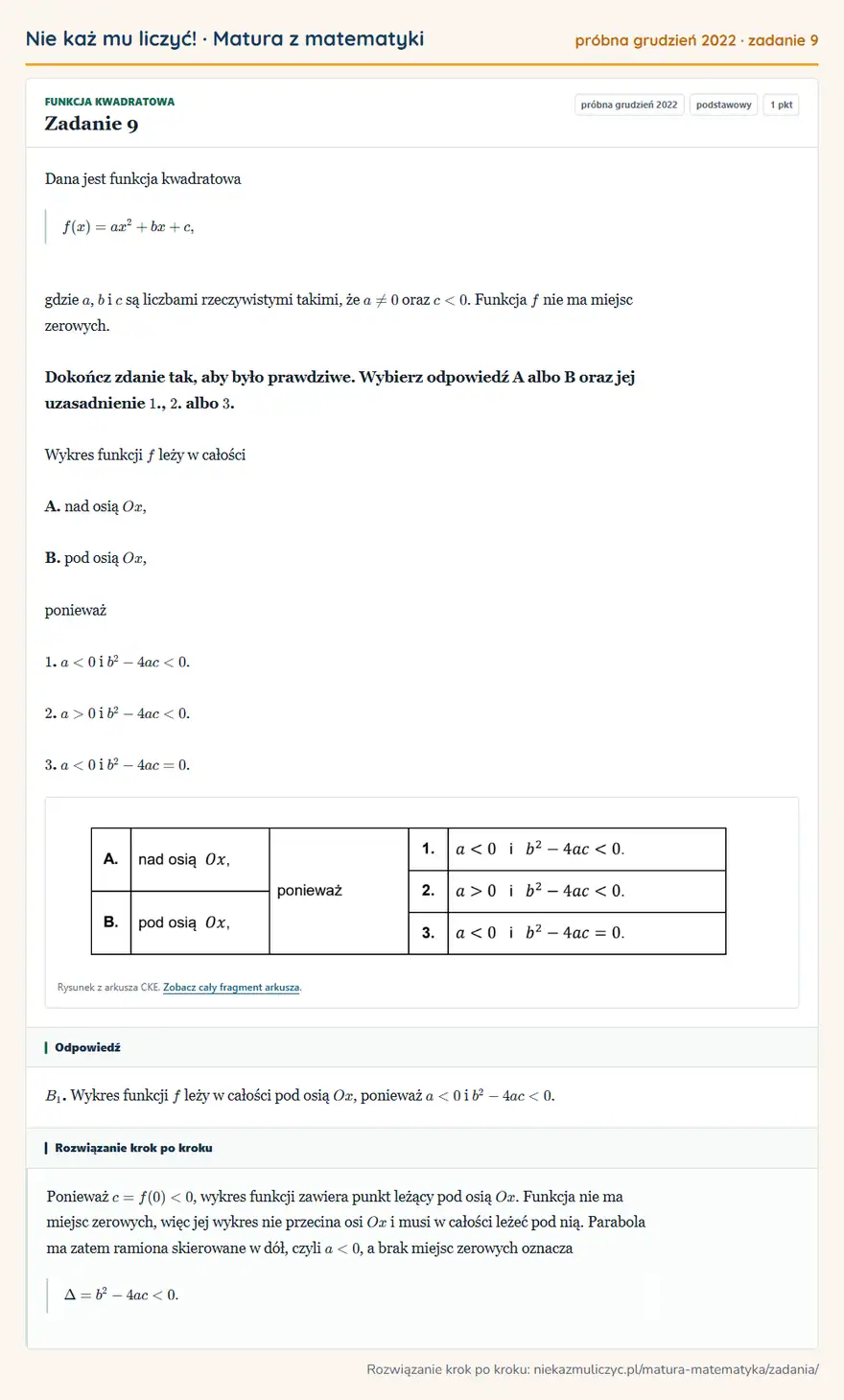 Rozwiązanie zadania 9 (matura z matematyki próbna grudzień 2022): Dana jest funkcja kwadratowa f(x)=ax²+bx+c, gdzie a, b i c są liczbami rzeczywistymi takimi, że a≠0 oraz c<0…