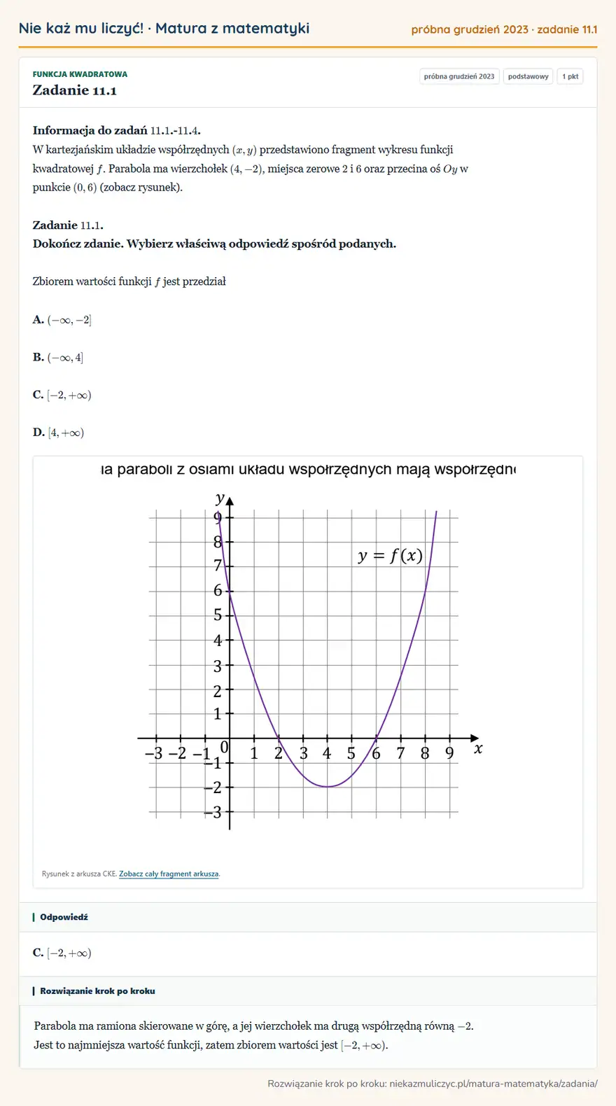 Rozwiązanie zadania 11.1 (matura z matematyki próbna grudzień 2023): Informacja do zadań 11. 1.- 11. 4. W kartezjańskim układzie współrzędnych (x,y) przedstawiono fragment…