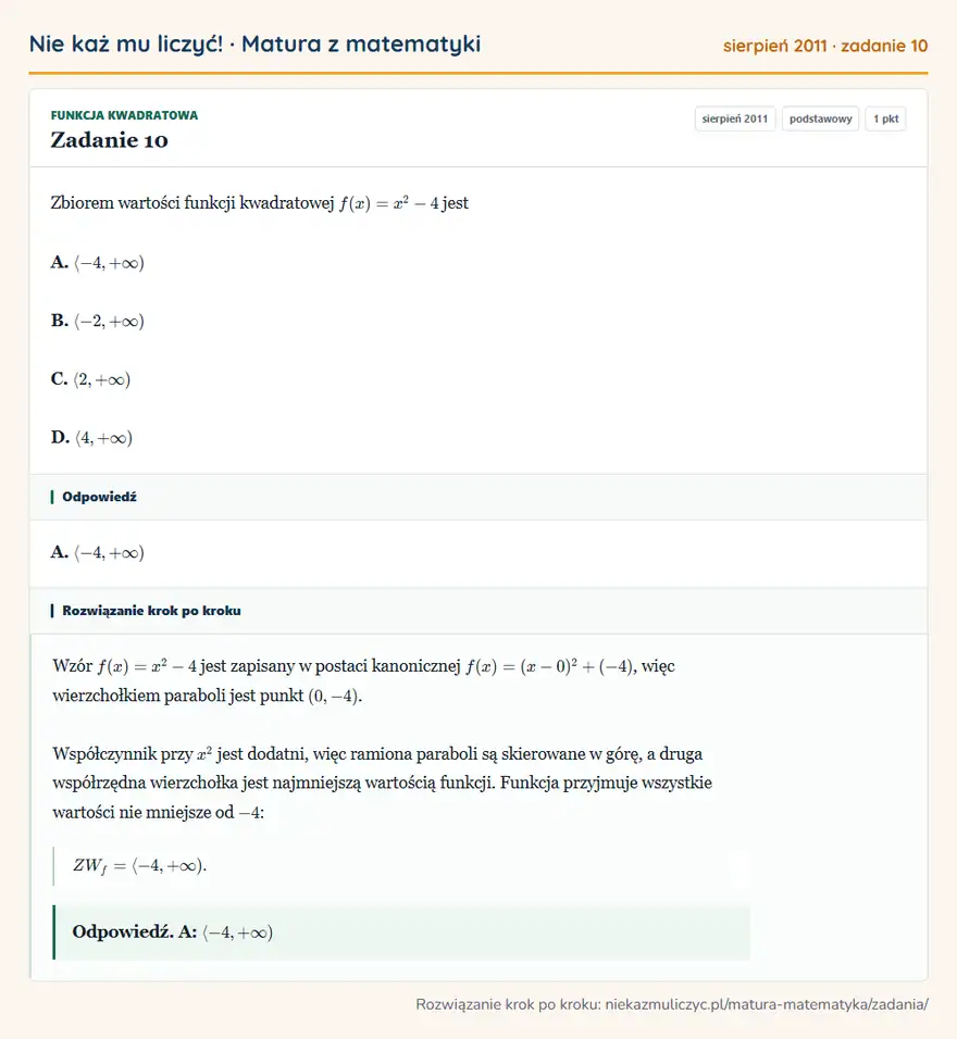 Rozwiązanie zadania 10 (matura z matematyki sierpień 2011): Zbiorem wartości funkcji kwadratowej f(x)=x²-4 jest A. -4,+∞) B. -2,+∞) C. 2,+∞) D. 4,+∞)