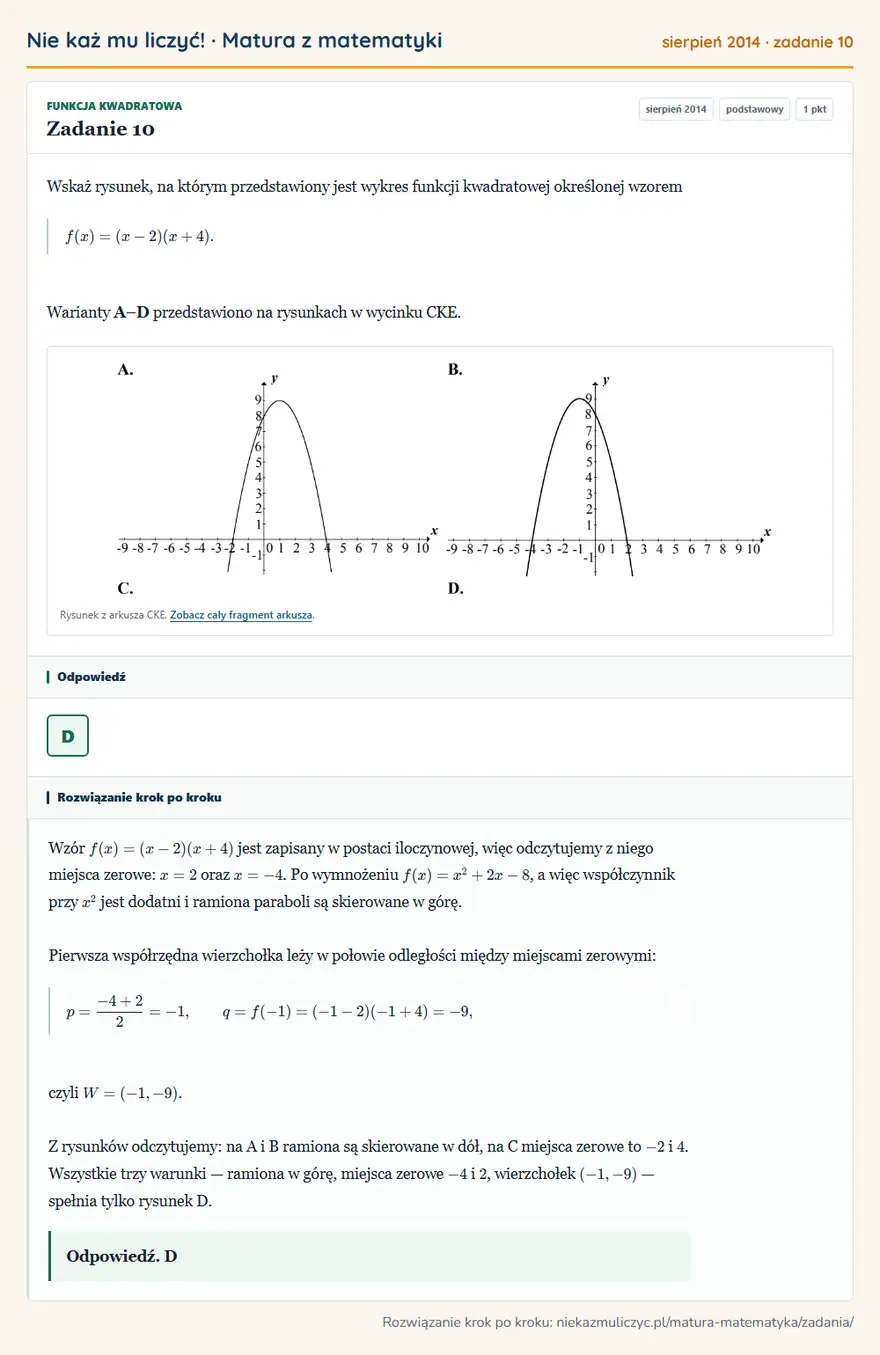 Rozwiązanie zadania 10 (matura z matematyki sierpień 2014): Wskaż rysunek, na którym przedstawiony jest wykres funkcji kwadratowej określonej wzorem f(x)=(x-2)(x+4)…