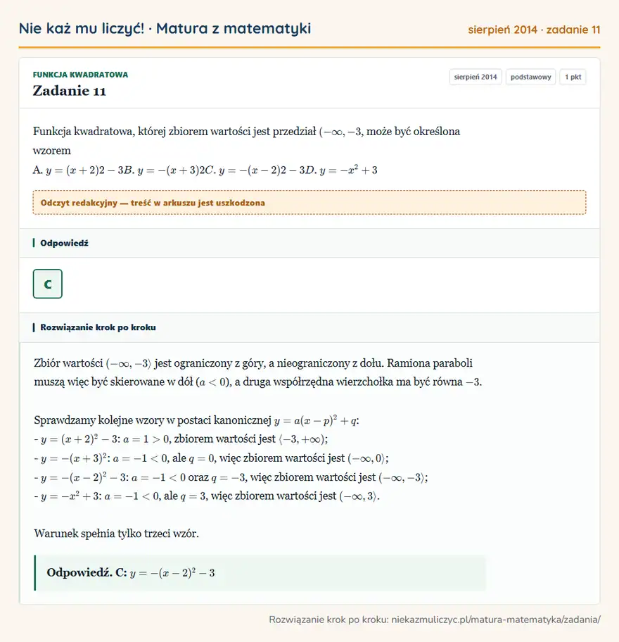 Rozwiązanie zadania 11 (matura z matematyki sierpień 2014): Funkcja kwadratowa, której zbiorem wartości jest przedział ( -∞, -3, może być określona wzorem A. y = ( x +…