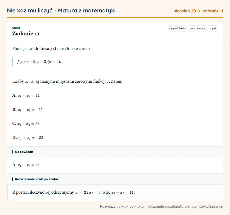 Rozwiązanie zadania 11 (matura z matematyki sierpień 2018): Funkcja kwadratowa jest określona wzorem f(x)=-3(x-2)(x-9). Liczby x1, x2 są różnymi miejscami zerowymi…