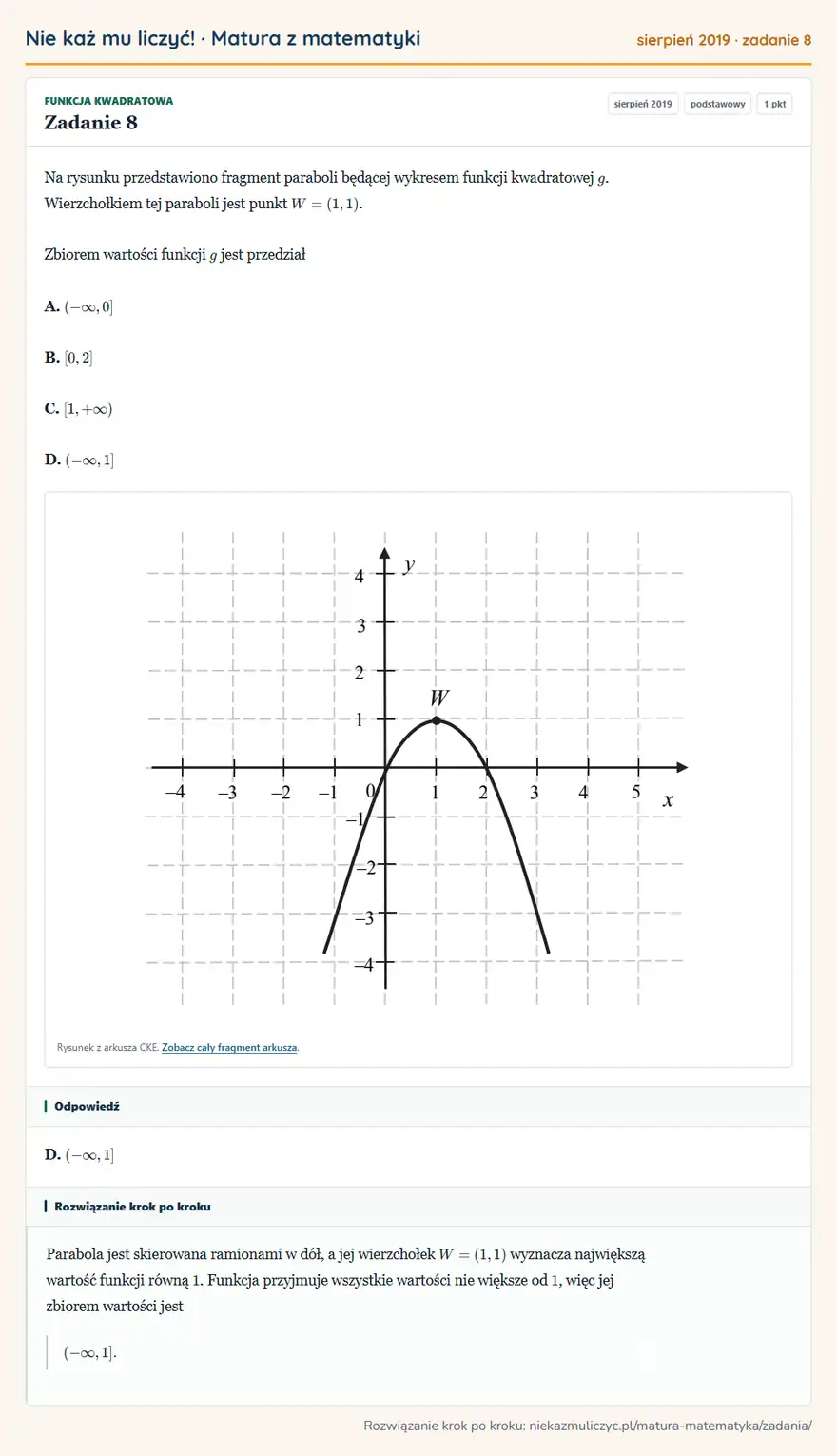 Rozwiązanie zadania 8 (matura z matematyki sierpień 2019): Na rysunku przedstawiono fragment paraboli będącej wykresem funkcji kwadratowej g. Wierzchołkiem tej paraboli…
