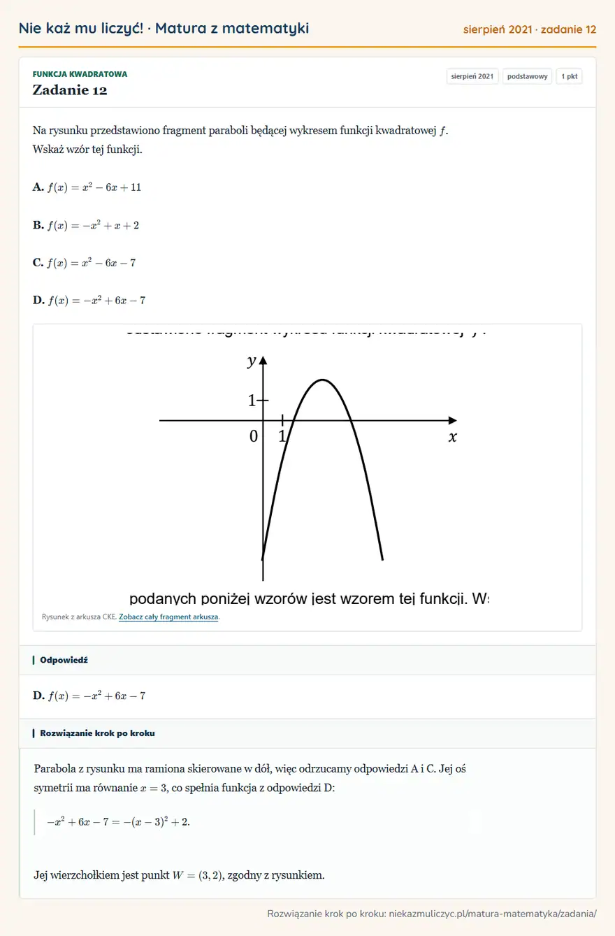 Rozwiązanie zadania 12 (matura z matematyki sierpień 2021): Na rysunku przedstawiono fragment paraboli będącej wykresem funkcji kwadratowej f. Wskaż wzór tej funkcji. A…