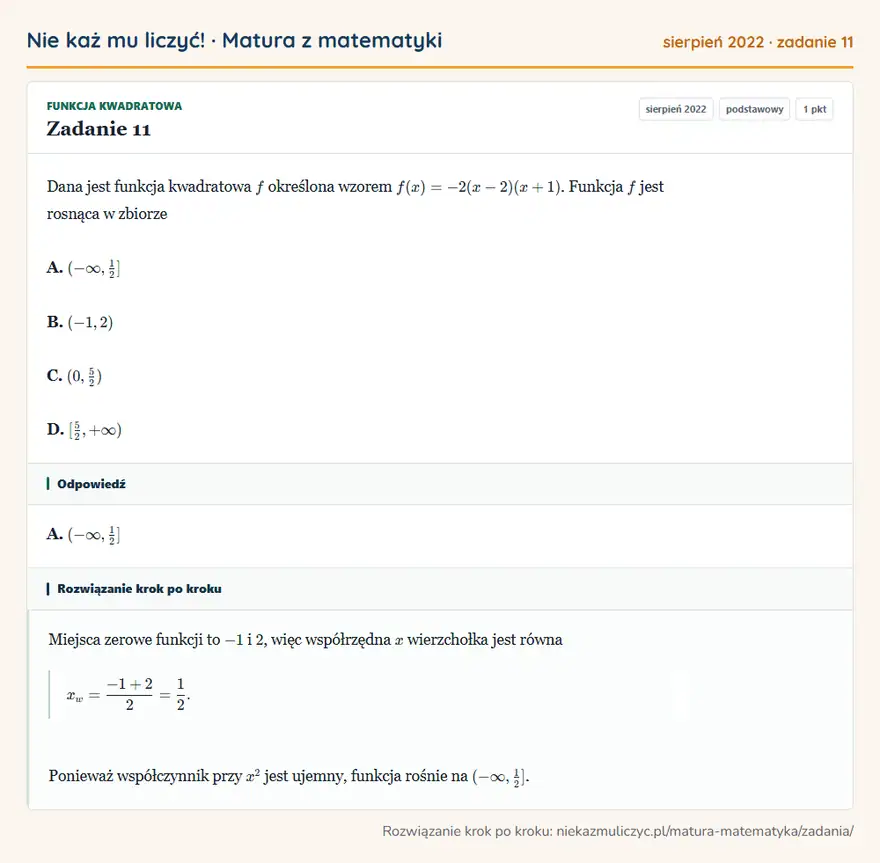 Rozwiązanie zadania 11 (matura z matematyki sierpień 2022): Dana jest funkcja kwadratowa f określona wzorem f(x)=-2(x-2)(x+1). Funkcja f jest rosnąca w zbiorze A…