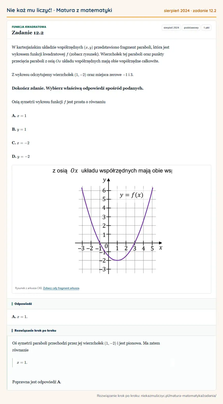 Rozwiązanie zadania 12.2 (matura z matematyki sierpień 2024): W kartezjańskim układzie współrzędnych (x,y) przedstawiono fragment paraboli, która jest wykresem funkcji…