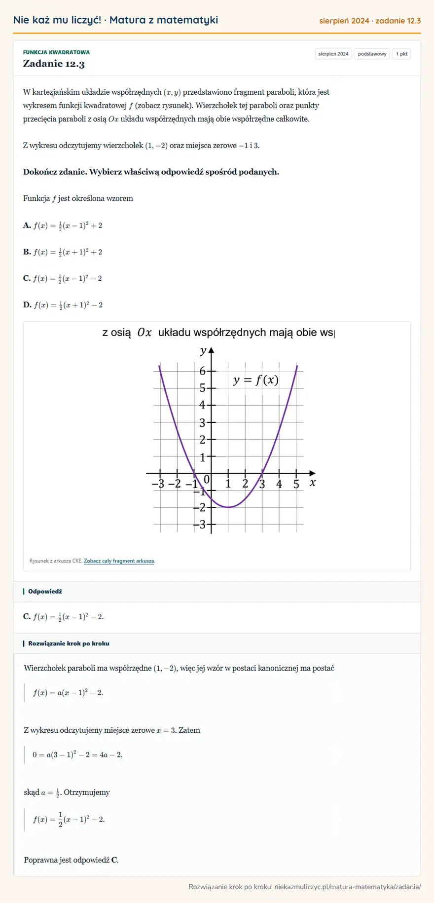 Rozwiązanie zadania 12.3 (matura z matematyki sierpień 2024): W kartezjańskim układzie współrzędnych (x,y) przedstawiono fragment paraboli, która jest wykresem funkcji…