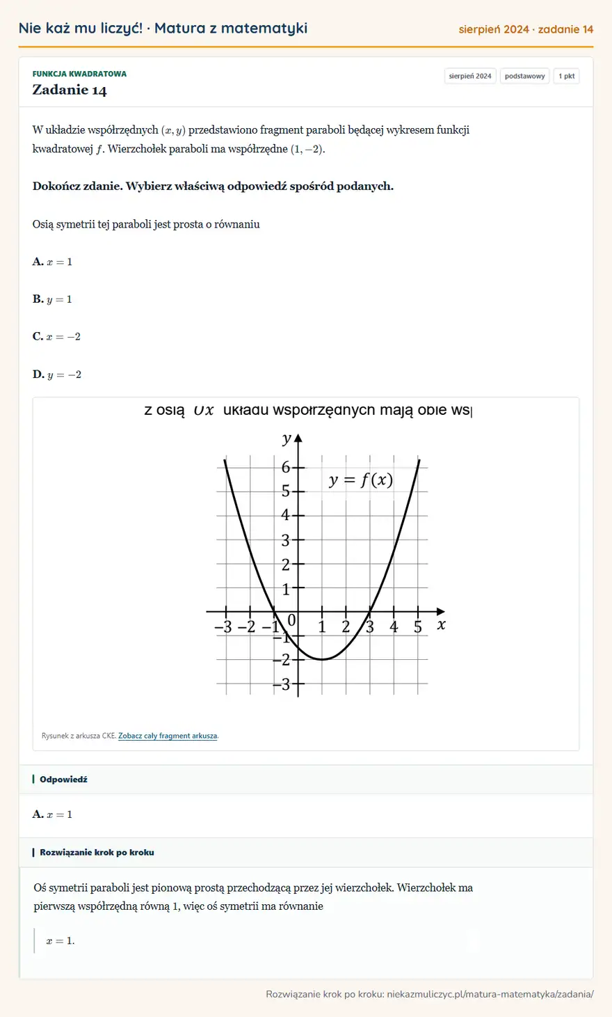 Rozwiązanie zadania 14 (matura z matematyki sierpień 2024): W układzie współrzędnych (x,y) przedstawiono fragment paraboli będącej wykresem funkcji kwadratowej f…