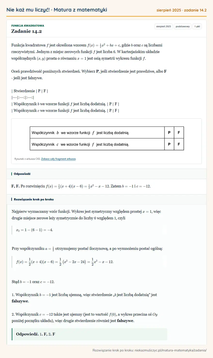Rozwiązanie zadania 14.2 (matura z matematyki sierpień 2025): Funkcja kwadratowa f jest określona wzorem f(x)=12x²+bx+c, gdzie b oraz c są liczbami rzeczywistymi. Jednym z…
