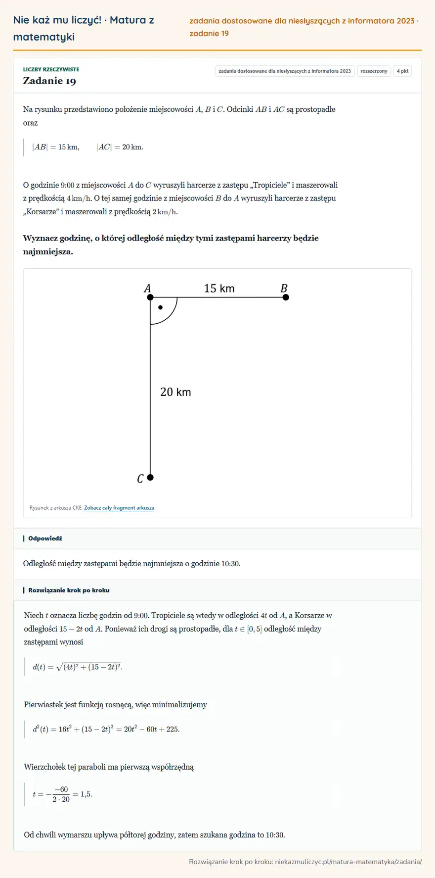 Rozwiązanie zadania 19, zbiór zadań z informatora CKE 2023, poziom rozszerzony: Na rysunku przedstawiono położenie miejscowości A, B i C. Odcinki AB i AC są prostopadłe oraz |AB|=15 km…
