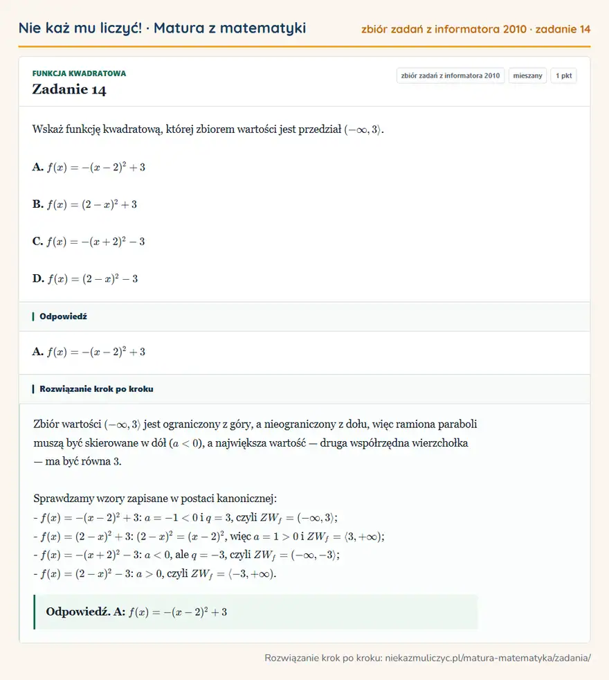Rozwiązanie zadania 14, zbiór zadań z informatora CKE 2010, poziom mieszany: Wskaż funkcję kwadratową, której zbiorem wartości jest przedział ( -∞,3. A. f(x)=-(x-2)²+3 B. f(x)=(2-x)²+3… Odpowiedź: A. f(x)=-(x-2)²+3