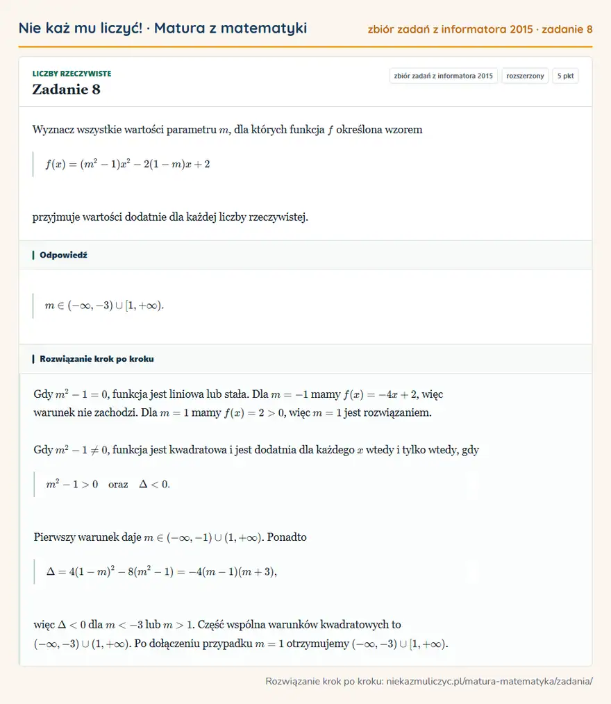 Rozwiązanie zadania 8 (zbiór zadań z informatora CKE 2015): Wyznacz wszystkie wartości parametru m, dla których funkcja f określona wzorem f(x)=(m²-1)x²-2(1-m)x+2…