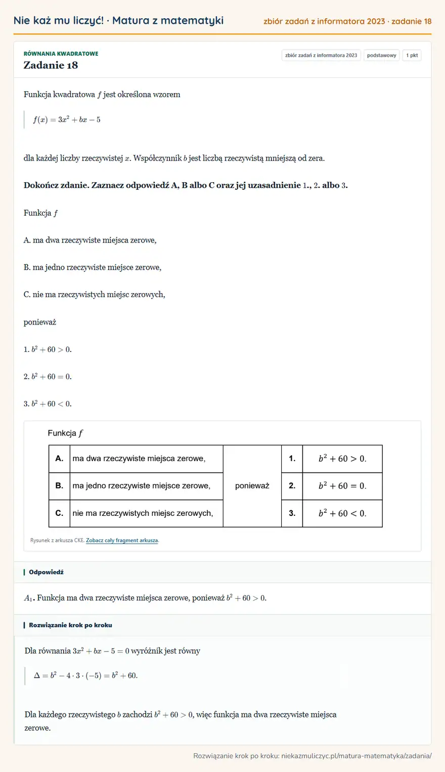 Rozwiązanie zadania 18 (zbiór zadań z informatora CKE 2023): Funkcja kwadratowa f jest określona wzorem f(x)=3x²+bx-5 dla każdej liczby rzeczywistej x. Współczynnik b…