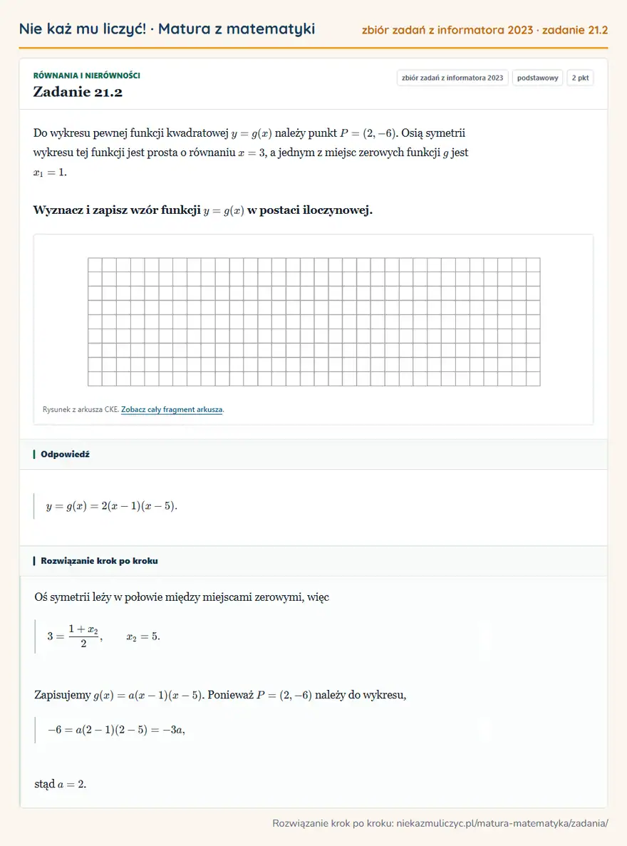 Rozwiązanie zadania 21.2 (zbiór zadań z informatora CKE 2023): Do wykresu pewnej funkcji kwadratowej y=g(x) należy punkt P=(2,-6). Osią symetrii wykresu tej funkcji jest…