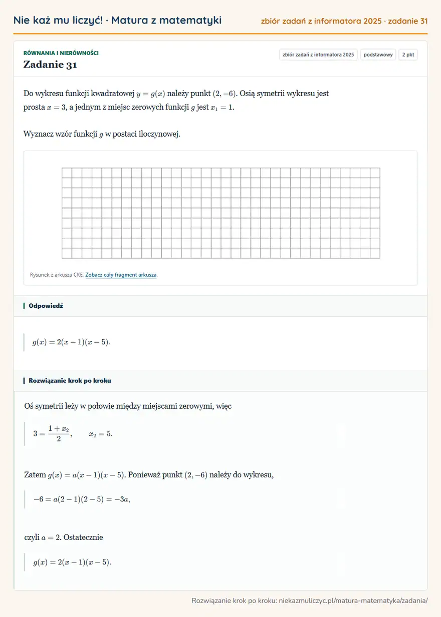 Rozwiązanie zadania 31 (zbiór zadań z informatora CKE 2025): Do wykresu funkcji kwadratowej y=g(x) należy punkt (2,-6). Osią symetrii wykresu jest prosta x=3, a jednym z…