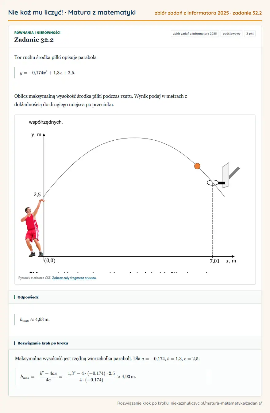 Rozwiązanie zadania 32.2 (zbiór zadań z informatora CKE 2025): Tor ruchu środka piłki opisuje parabola y=-0,174x²+1,3x+2,5. Oblicz maksymalną wysokość środka piłki podczas…