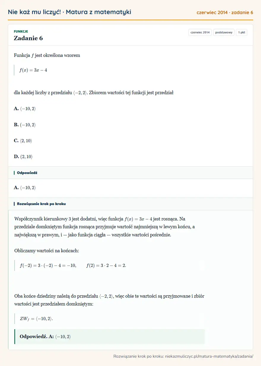 Rozwiązanie zadania 6 (matura z matematyki czerwiec 2014): Funkcja f jest określona wzorem f(x)=3x-4 dla każdej liczby z przedziału -2,2. Zbiorem wartości tej funkcji…
