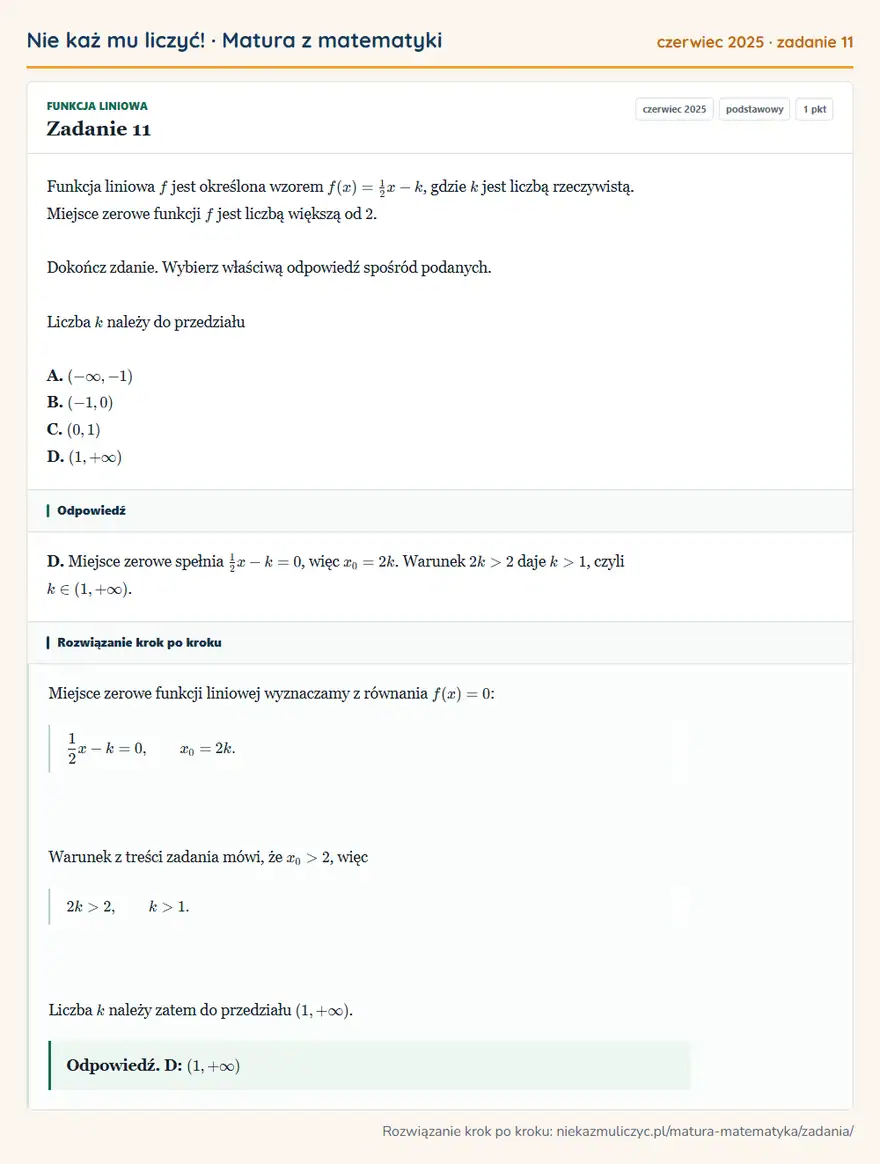 Rozwiązanie zadania 11 (matura z matematyki czerwiec 2025): Funkcja liniowa f jest określona wzorem f(x)=1/2x-k, gdzie k jest liczbą rzeczywistą. Miejsce zerowe funkcji…