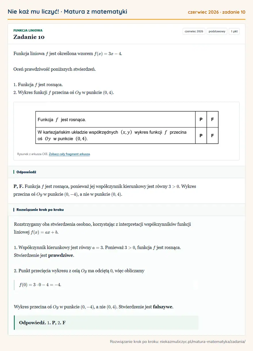 Rozwiązanie zadania 10 (matura z matematyki czerwiec 2026): Funkcja liniowa f jest określona wzorem f(x)=3x-4. Oceń prawdziwość poniższych stwierdzeń. 1. Funkcja f jest…