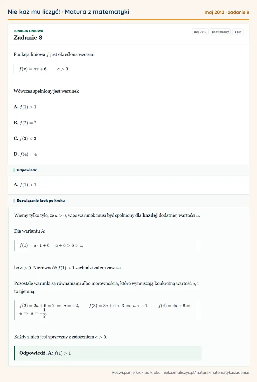Rozwiązanie zadania 8 (matura z matematyki maj 2012): Funkcja liniowa f jest określona wzorem f(x)=ax+6, a>0. Wówczas spełniony jest warunek A. f(1)>1 B. f(2)=2 C…