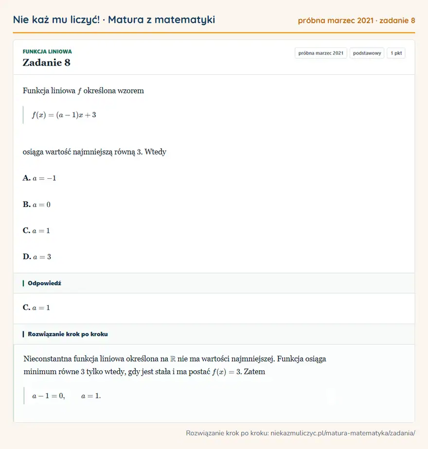 Rozwiązanie zadania 8 (matura z matematyki próbna marzec 2021): Funkcja liniowa f określona wzorem f(x)=(a-1)x+3 osiąga wartość najmniejszą równą 3. Wtedy A. a=-1 B. a=0 C…