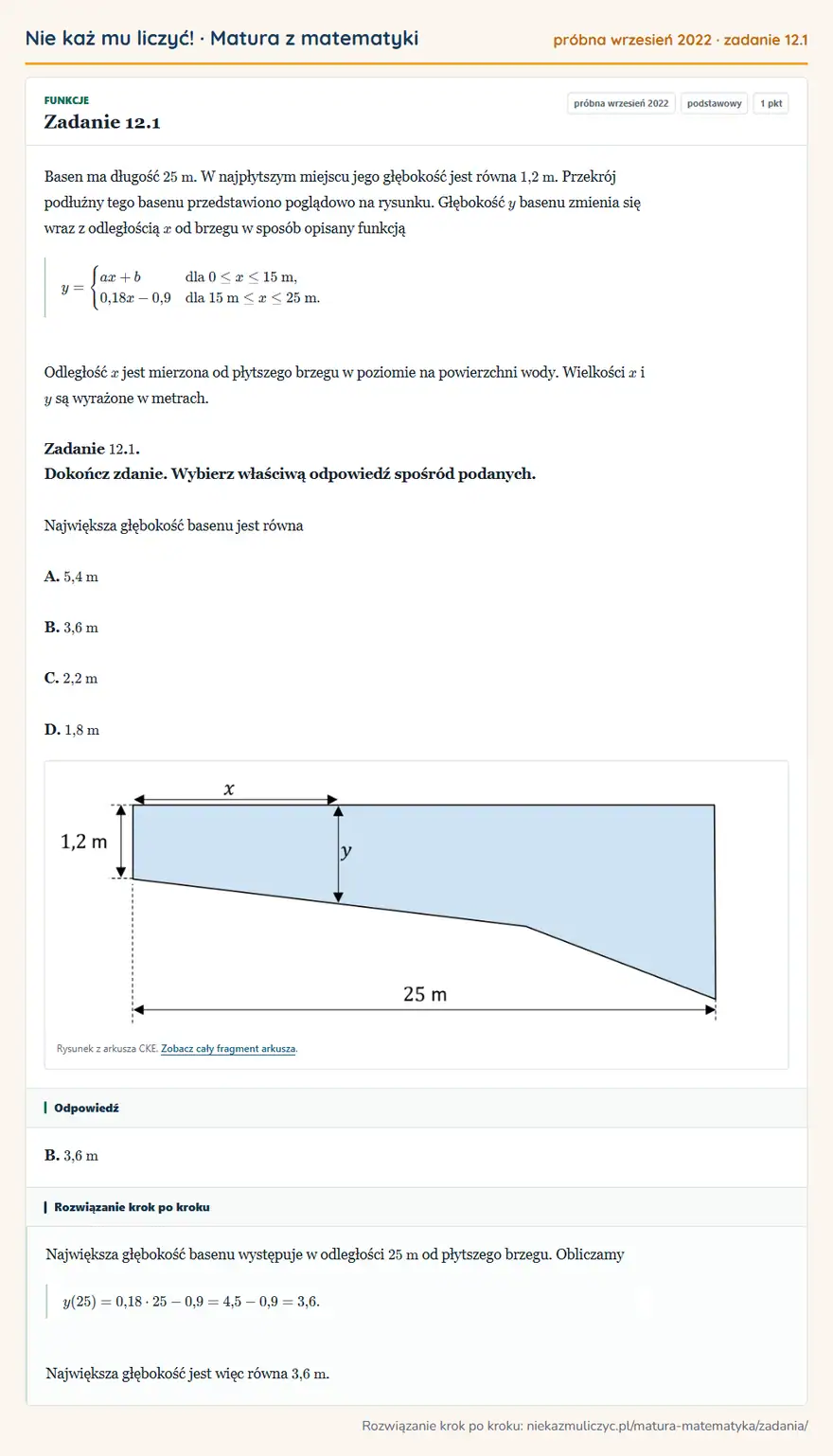 Rozwiązanie zadania 12.1 (matura z matematyki próbna wrzesień 2022): Basen ma długość 25 m. W najpłytszym miejscu jego głębokość jest równa 1,2 m. Przekrój podłużny tego basenu…