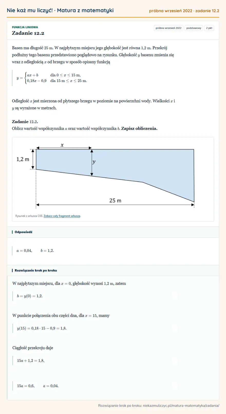 Rozwiązanie zadania 12.2 (matura z matematyki próbna wrzesień 2022): Basen ma długość 25 m. W najpłytszym miejscu jego głębokość jest równa 1,2 m. Przekrój podłużny tego basenu…