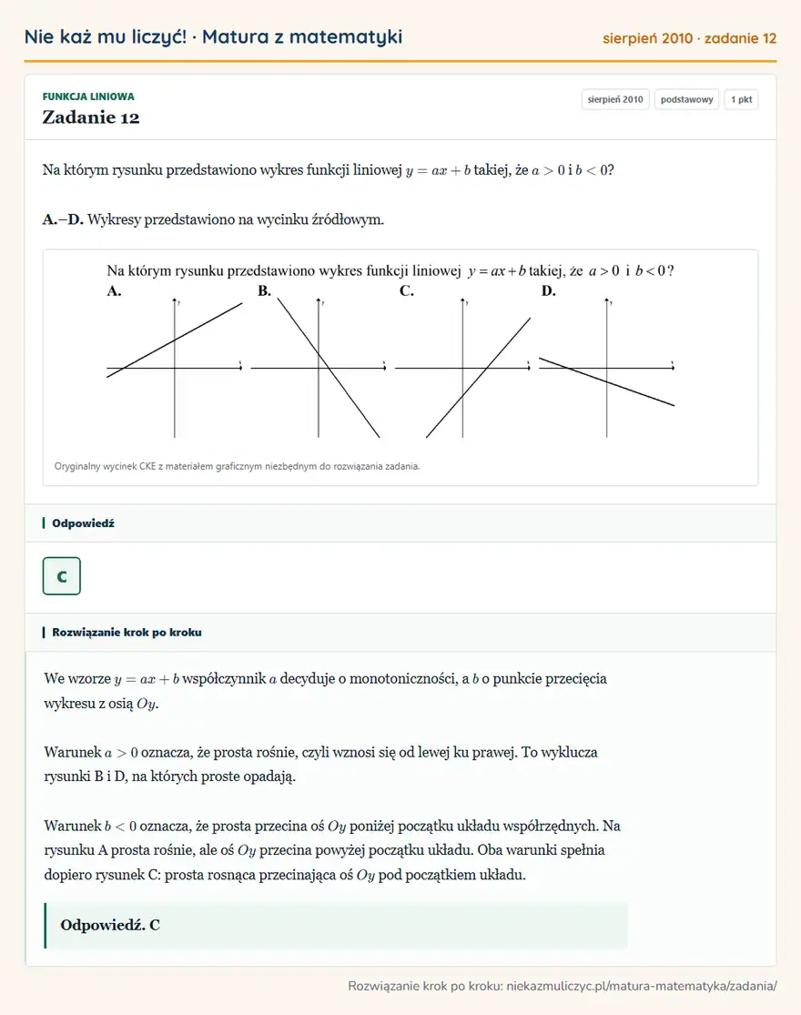 Rozwiązanie zadania 12 (matura z matematyki sierpień 2010): Na którym rysunku przedstawiono wykres funkcji liniowej y=ax+b takiej, że a>0 i b<0? A.–D. Wykresy…