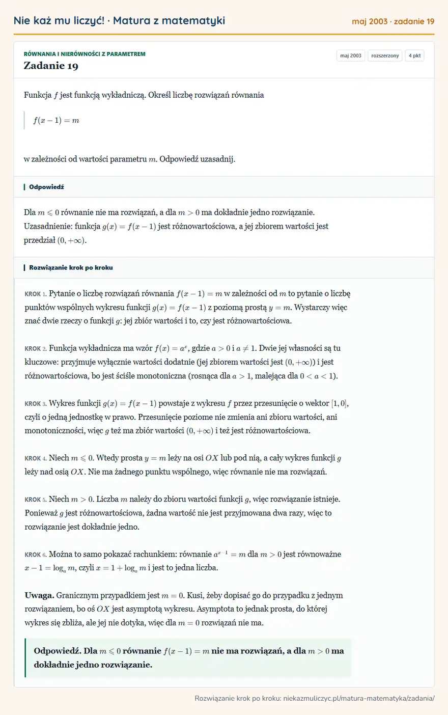 Rozwiązanie zadania 19 (matura z matematyki maj 2003): Funkcja f jest funkcją wykładniczą. Określ liczbę rozwiązań równania f(x-1)=m w zależności od wartości…