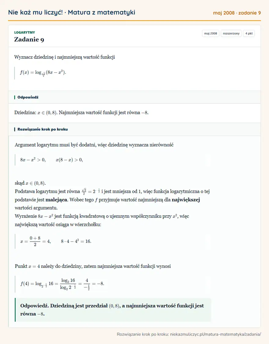 Rozwiązanie zadania 9 (matura z matematyki maj 2008): Wyznacz dziedzinę i najmniejszą wartość funkcji f(x)=log√2/2(8x-x²).