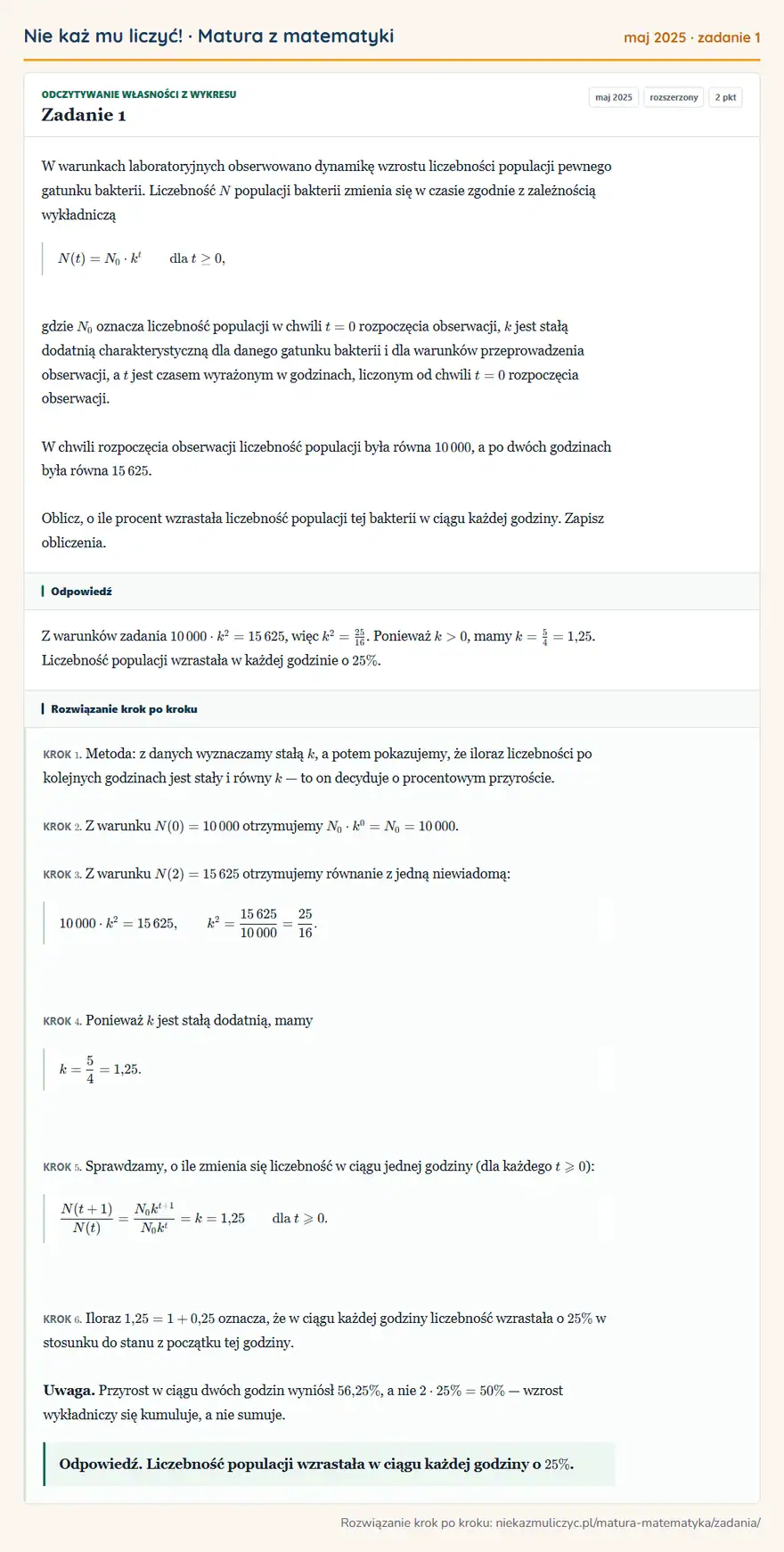 Rozwiązanie zadania 1 (matura z matematyki maj 2025): W warunkach laboratoryjnych obserwowano dynamikę wzrostu liczebności populacji pewnego gatunku bakterii…
