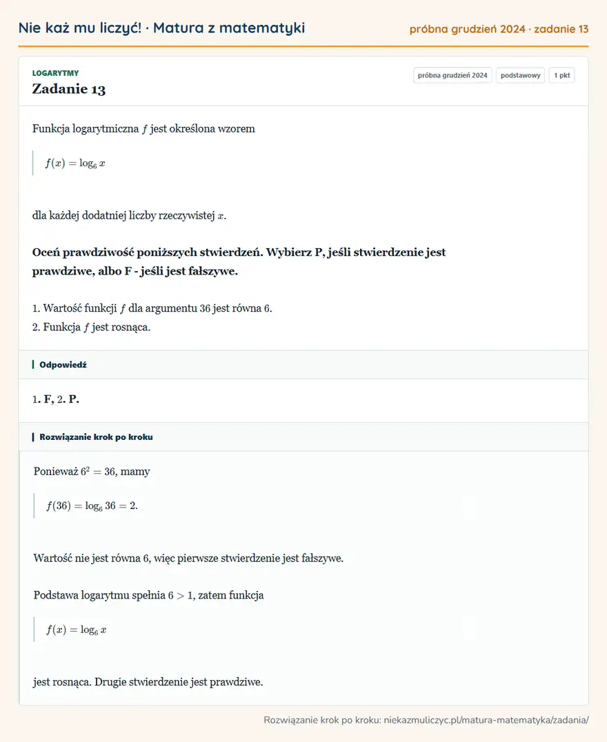 Rozwiązanie zadania 13, matura z matematyki próbna grudzień 2024, poziom podstawowy: Funkcja logarytmiczna f jest określona wzorem f(x)=log6x dla każdej dodatniej liczby rzeczywistej x. Oceń… Odpowiedź: 1. F, 2. P