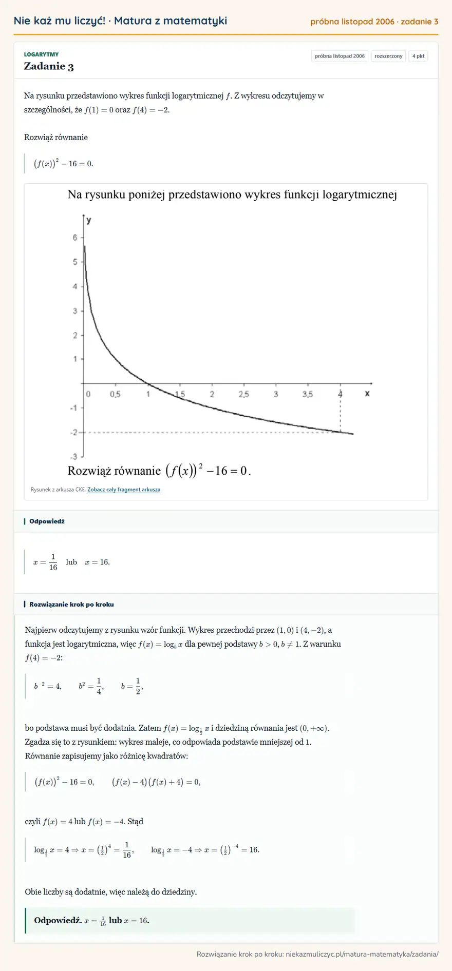 Rozwiązanie zadania 3 (matura z matematyki próbna listopad 2006): Na rysunku przedstawiono wykres funkcji logarytmicznej f. Z wykresu odczytujemy w szczególności, że f(1)=0…