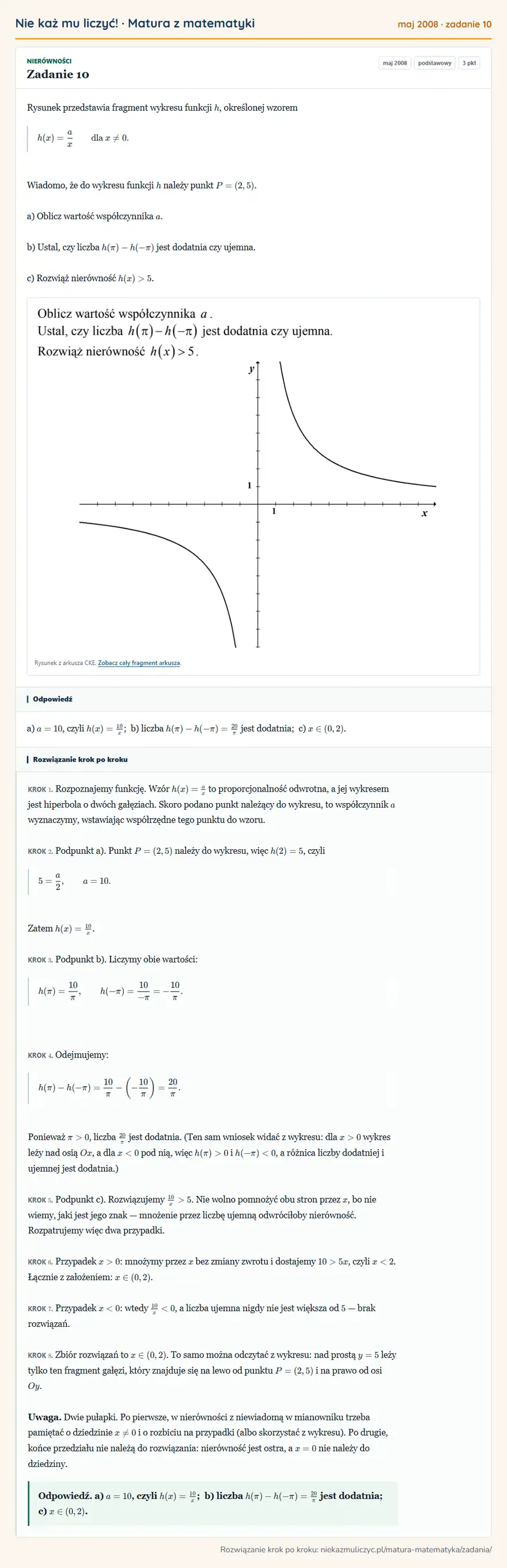 Rozwiązanie zadania 10 (matura z matematyki maj 2008): Rysunek przedstawia fragment wykresu funkcji h, określonej wzorem h(x)= ax dla x≠0. Wiadomo, że do wykresu…