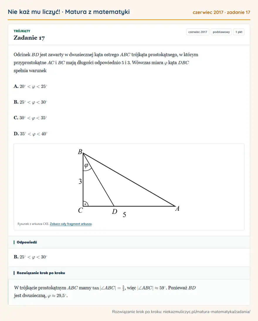 Rozwiązanie zadania 17 (matura z matematyki czerwiec 2017): Odcinek BD jest zawarty w dwusiecznej kąta ostrego ABC trójkąta prostokątnego, w którym przyprostokątne AC i…