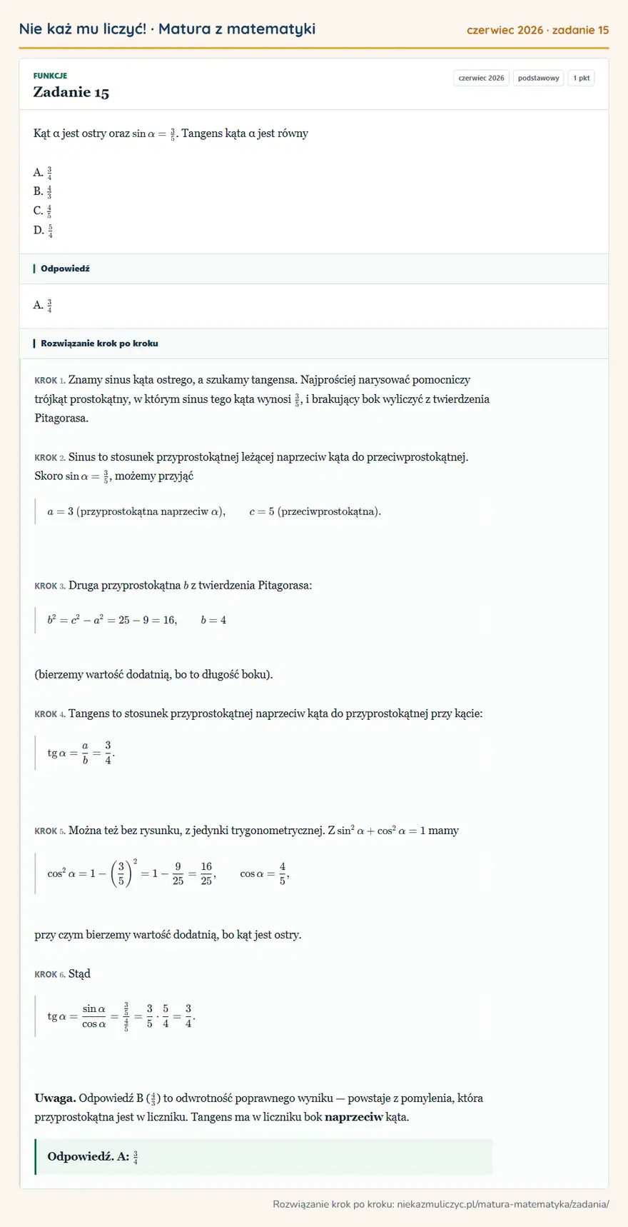 Rozwiązanie zadania 15 (matura z matematyki czerwiec 2026): Kąt α jest ostry oraz sin α = 3/5. Tangens kąta α jest równy A. 3/4 B. 4/3 C. 4/5 D. 5/4