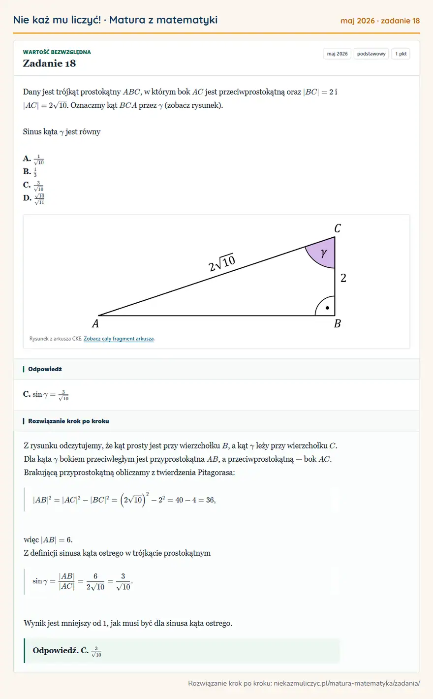 Rozwiązanie zadania 18 (matura z matematyki maj 2026): Dany jest trójkąt prostokątny ABC, w którym bok AC jest przeciwprostokątną oraz BC=2 i AC=2√10. Oznaczmy kąt…